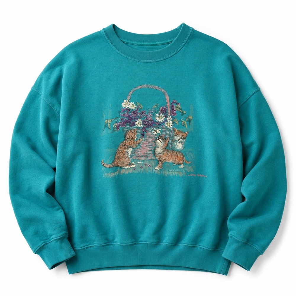 Northern Reflections vtg Teal Kitten Basket Crewneck Cottagecore Grannycore